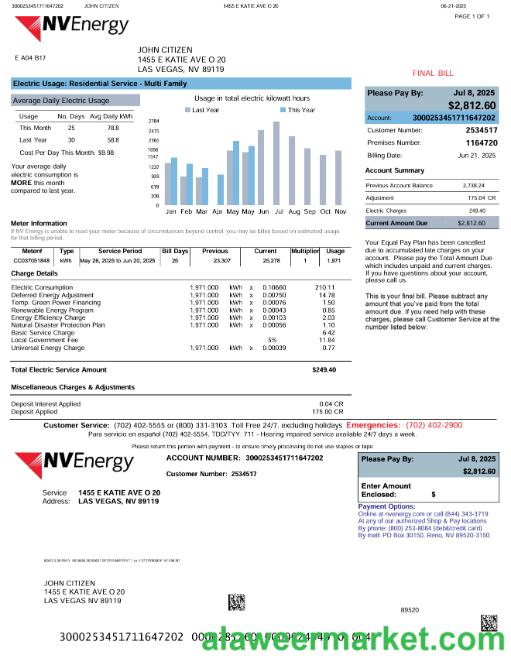 USA NV Energy utility bill template in Word and PDF formats, version 2
